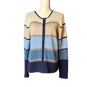Jenny Buchanan Zip-up Sweater Cardigan in Color Block Tan Brown Blue Size Large